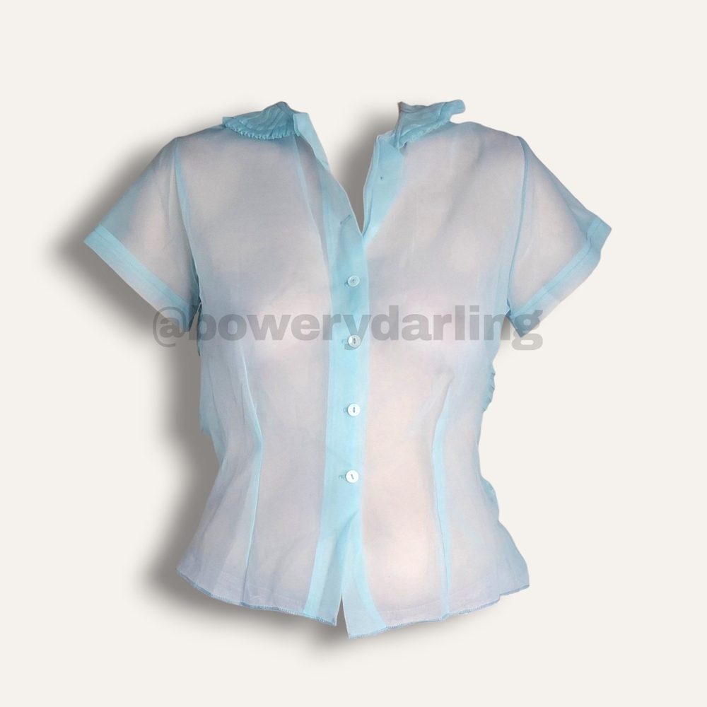 50s Delicate Sheer Buttondown Top - Blue Green (XS / S)